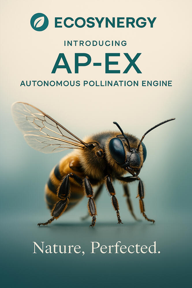 Hyper-realistic promotional poster of a bee with the EcoSynergy logo and tagline “Introducing AP-EX: Autonomous Pollination Engine.” The bee is large, detailed, and mechanical-looking, set against a clean teal background. Text at the bottom reads “Nature,