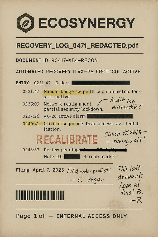 Redacted VX-28 recovery log dated April 7th with corrupted data fields, badge scan anomalies, and handwritten notes from Cami Vega and Ricky Menon. Warning message reads: "RECALIBRATE."